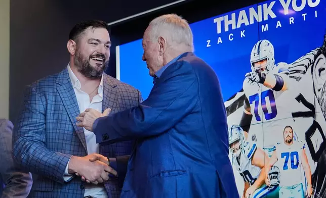 Dallas Cowboys owner Jerry Jones and lineman Zach Martin, left, shake hands after Martin announced his retirement during an NFL football press conference at the team's headquarter in Frisco, Texas, Wednesday, March 5, 2025. (AP Photo/LM Otero)