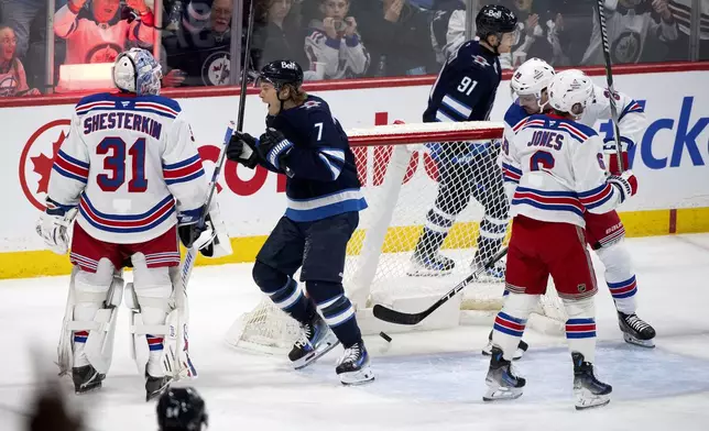 Winnipeg Jets' Vladislav Namestnikov (7) celebrates his goal on New York Rangers goaltender Igor Shesterkin (31) during the first period of an NHL hockey game in Winnipeg, Manitoba, Tuesday March 11, 2025. (Fred Greenslade/The Canadian Press via AP)