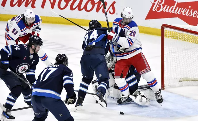 New York Rangers' Chris Kreider (20) looks for the loose puck as he is checked by Winnipeg Jets' Haydn Fleury (24) in front of goaltender Connor Hellebuyck (37) during the third period of an NHL hockey game in Winnipeg, Manitoba, Tuesday, March 11, 2025. (Fred Greenslade/The Canadian Press via AP)