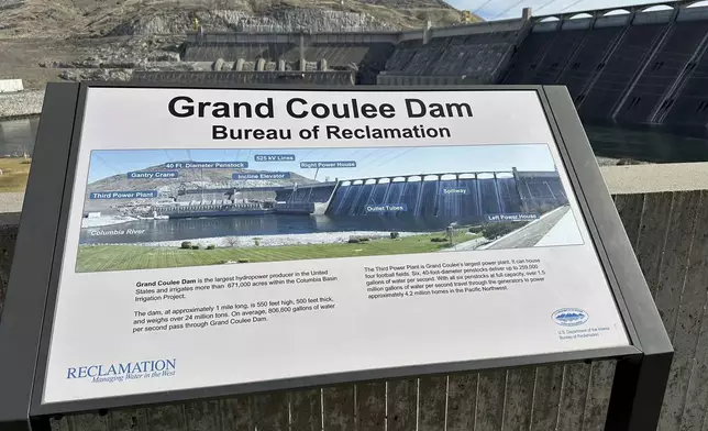 A sign outside the visitor’s center at the Grand Coulee Dam, the largest hydropower generator in North America, identifies the facility’s power plants and spillway on Friday, Feb. 28, 2025, in Coulee Dam, Wash. (AP Photo/Martha Bellisle)