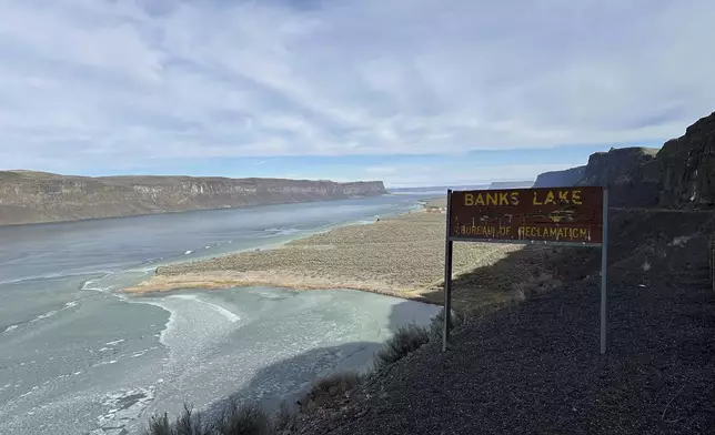 Banks Lake on Friday, Feb. 28, 2025, is a 27-mile-long reservoir created by water pump from the Grand Coulee Dam, run by the Department of Reclamation. (AP Photos/Martha Bellisle)