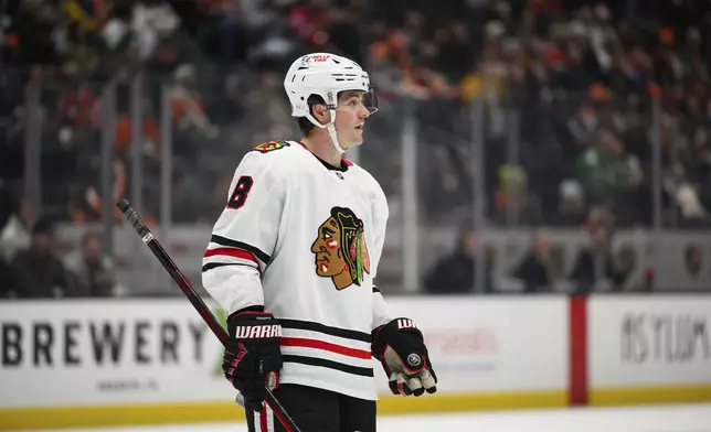 Chicago Blackhawks center Ryan Donato looks on during the third period of an NHL hockey game against the Anaheim Ducks, Saturday, March 1, 2025, in Anaheim, Calif. (AP Photo/William Liang)