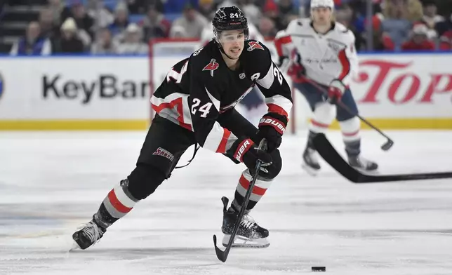 FILE - Buffalo Sabres center Dylan Cozens (24) skates with the puck during the first period of an NHL hockey game against the Washington Capitals in Buffalo, N.Y., Monday, Jan. 6, 2025. (AP Photo/Adrian Kraus, File)