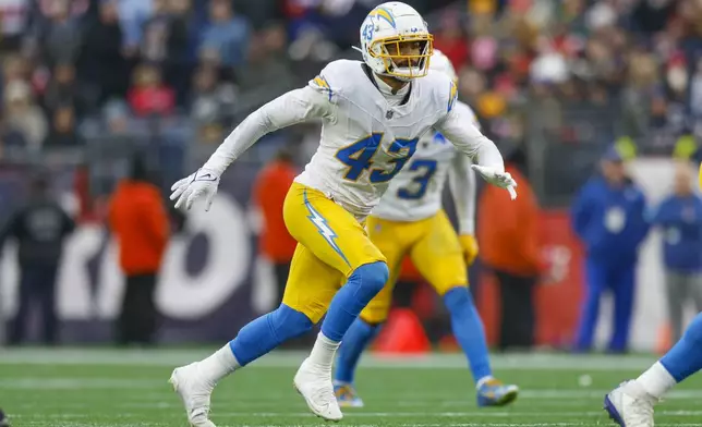FILE - Los Angeles Chargers linebacker Troy Dye (43) drops into coverage during the second half an NFL football game against the New England Patriots, Saturday, Dec. 28, 2024, in Foxborough, Mass. (AP Photo/Greg M. Cooper, File)