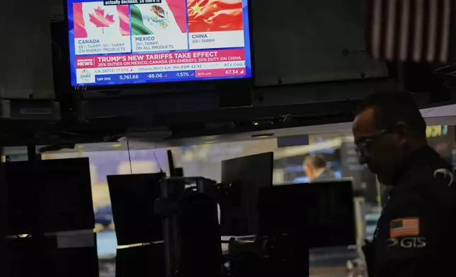 Financial news is displayed as Ppeople work on the floor at the New York Stock Exchange in New York, Tuesday, March 4, 2025. (AP Photo/Seth Wenig)
