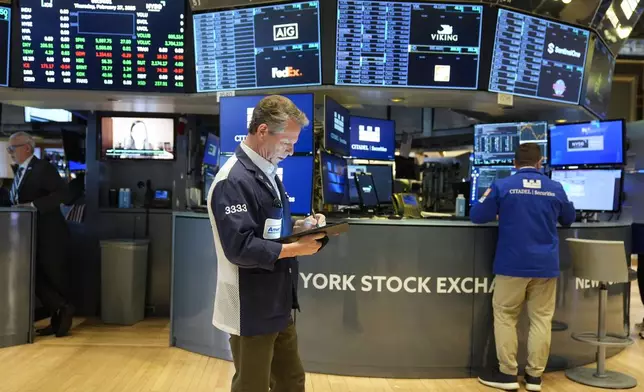 People work on the floor at the New York Stock Exchange in New York, Thursday, Feb. 27, 2025. (AP Photo/Seth Wenig)