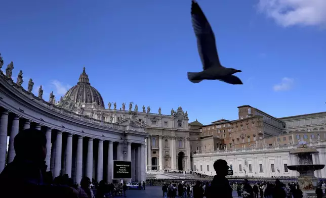 A seagull flies past as people visit St Peter's Square at The Vatican, Thursday, Feb. 27, 2025. (AP Photo/Kirsty Wigglesworth)