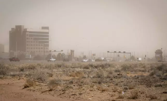 Strong winds and dust obscure the Santa Ana Star Casino in Bernalillo, N.M., Tuesday, March 18, 2025. (Jessica Baca/The Albuquerque Journal via AP)