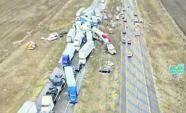 This image provided by the Kansas Highway Patrol shows the aftermath of a pileup on Interstate 70 near Goodland, Kan., caused by a dust storm and involving more than 70 vehicles, Friday, March 14, 2025. (Kansas Highway Patrol via AP)