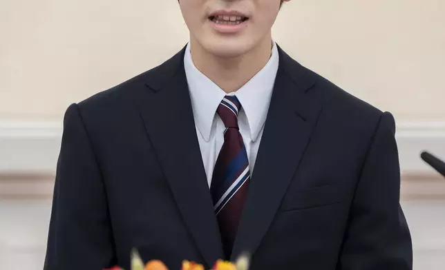 In this photo provided by the Imperial Household Agency of Japan, Japan's Prince Hisahito speaks at his first press conference at the Imperial Palace Monday, March 3, 2025, in Tokyo. (Imperial Household Agency of Japan via AP)