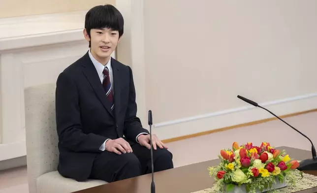 In this photo provided by the Imperial Household Agency of Japan, Japan's Prince Hisahito speaks at his first press conference at the Imperial Palace Monday, March 3, 2025, in Tokyo. (Imperial Household Agency of Japan via AP)