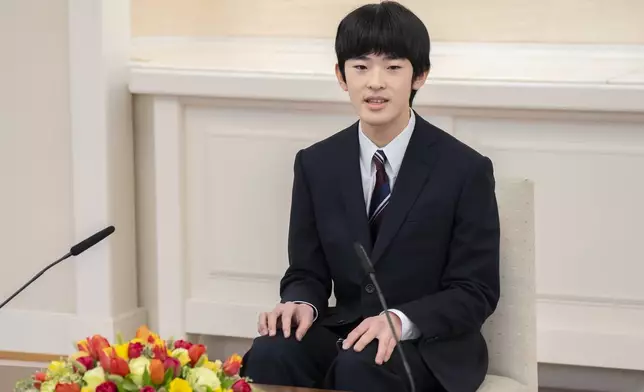 In this photo provided by the Imperial Household Agency of Japan, Japan's Prince Hisahito speaks at his first press conference at the Imperial Palace Monday, March 3, 2025, in Tokyo. (Imperial Household Agency via AP)