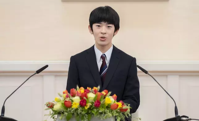 In this photo provided by the Imperial Household Agency of Japan, Japan's Prince Hisahito speaks at his first press conference at the Imperial Palace Monday, March 3, 2025, in Tokyo. (Imperial Household Agency of Japan via AP)