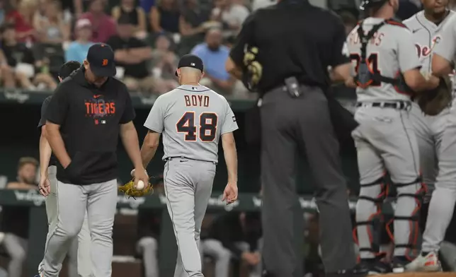 FIL:E - Detroit Tigers starting pitcher Matthew Boyd (48) leaves a baseball game during the first inning against the Texas Rangers in Arlington, Texas, Monday, June 26, 2023. (AP Photo/LM Otero, File)