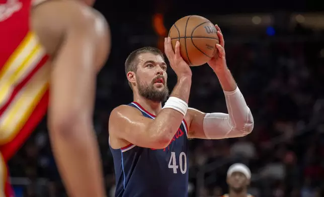 Los Angeles Clippers center Ivica Zubac (40) makes a free throw during the first half of an NBA basketball game against the Atlanta Hawks, Friday, March 14, 2025, in Atlanta. (AP Photo/Erik Rank)