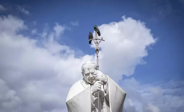 Pigeons on a statue of Pope John Paul II outside the Agostino Gemelli Polyclinic, in Rome, Friday, Feb. 28, 2025 where Pope Francis has been hospitalized since Friday, Feb. 14. (AP Photo/Mosa'ab Elshamy)
