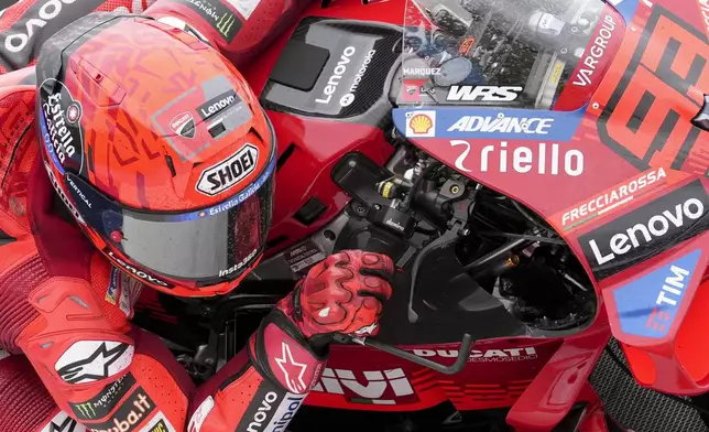 Spain's Marc Marquez of the Ducati Lenovo Team competes during the Moto GP race in Termas de Rio Hondo circuit, Argentina, Sunday, March 16, 2025. (AP Photo/Gustavo Garello)