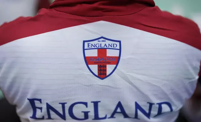 An image of the detail on an England shirt at the Kabaddi World Cup in Walsall, England, Friday, March 21, 2025.(AP Photo/Jon Super)
