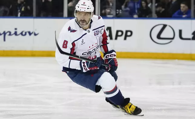 Washington Capitals' Alex Ovechkin (8) skates during the first period of an NHL hockey game against the New York Rangers Wednesday, March 5, 2025, in New York. (AP Photo/Frank Franklin II)