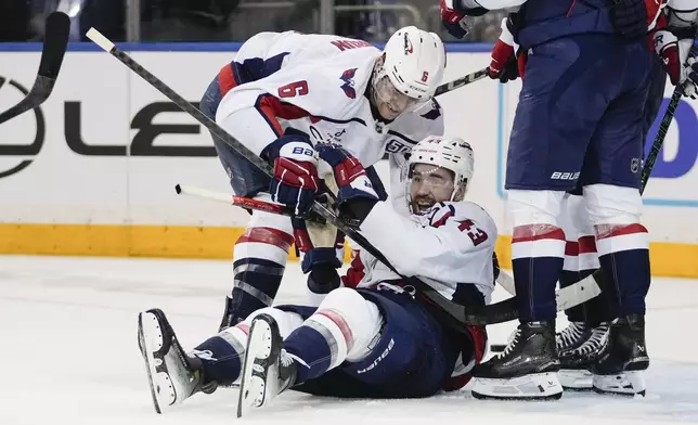 Washington Capitals' Tom Wilson (43) and Jakob Chychrun (6) celebrate after an NHL hockey game against the New York Rangers Wednesday, March 5, 2025, in New York. (AP Photo/Frank Franklin II)