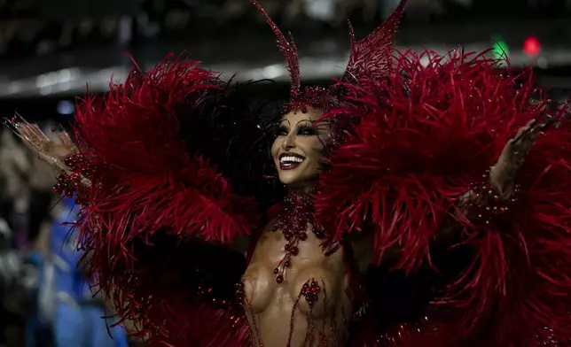 Drum queen Sabrina Sato from Vila Isabel performs during Carnival celebrations at the Sambadrome in Rio de Janeiro, early Tuesday, March 4, 2025. (AP Photo/Bruna Prado)