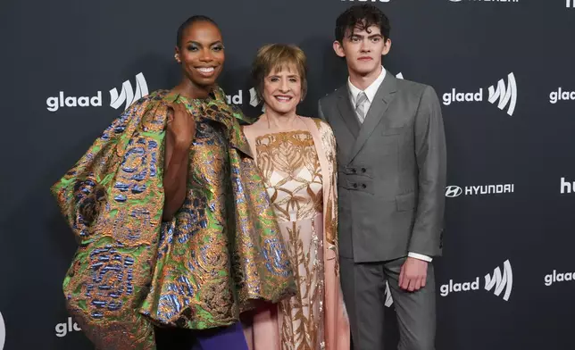 Sasheer Zamata, from left, Patti LuPone, and Joe Locke arrive at the 36th annual GLAAD Media Awards on Thursday March 27, 2025, at the Beverly Hilton Hotel in Beverly Hills, Calif. (Photo by Jordan Strauss/Invision/AP)