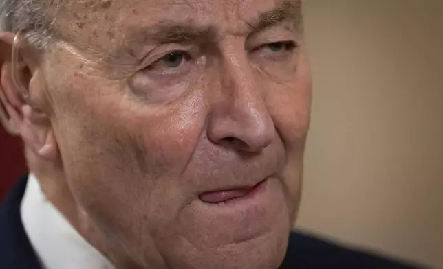 Senate Democratic Leader Chuck Schumer gives a television interview at the Capitol in Washington, Friday, March 14, 2025. (AP Photo/Ben Curtis)