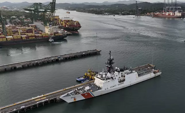 A U.S. Coast Guard ship docks in a naval base along the Panama Canal in Panama City, Thursday, March 13, 2025. (AP Photo/Matias Delacroix)