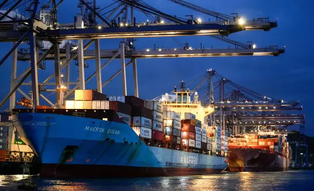 FILE - Cranes load a cargo ship at the Panama Canal's Balboa Port in Panama City, Sept. 9, 2024. (AP Photo/Matias Delacroix, File)