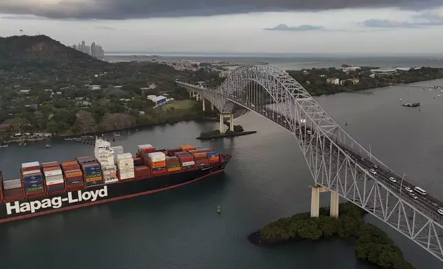 A cargo ship sails under Las Americas bridge through the Panama Canal, in Panama City, Thursday, March 13, 2025. (AP Photo/Matias Delacroix)