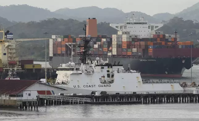 A U.S. Coast Guard ship docks at a naval base along the Panama Canal in Panama City, Thursday, March 13, 2025. (AP Photo/Matias Delacroix)