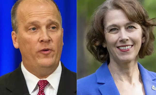 FILE - This combination of file photos shows Brad Schimel, former Republican attorney general Brad Schimel, in Madison, Wis., Jan. 5, 2015, and Susan Crawford in June 2024. (AP Photo/Andy Manis, Susan Crawford for Wisconsin, File)