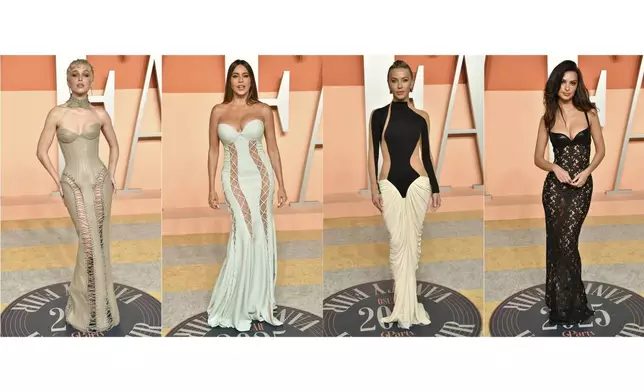 This combination of photos shows Emma Chamberlain, from left, Sofia Vergara, Julianne Hough and Emily Ratajkowski at the Vanity Fair Oscar Party in Beverly Hills, Calif., on Sunday, March 2, 2025. (Photos by Evan Agostini/Invision/AP)