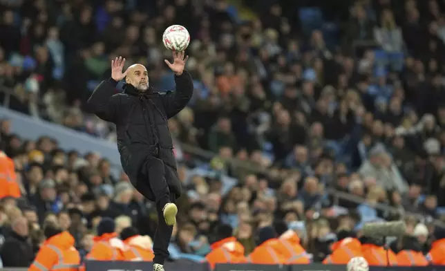 Manchester City's head coach Pep Guardiola during the English FA Cup soccer match between Manchester City and Plymouth Argyle at Etihad Stadium, Manchester, England, Saturday, March 1, 2025. (AP Photo/Jon Super)