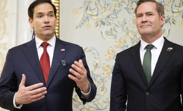 U.S. Secretary of State Marco Rubio, left, and U.S. National Security Advisor Mike Waltz speak with the media following meetings with a Ukrainian delegation in Jeddah, Saudi Arabia, March 11, 2025. (Saul Loeb/Pool Photo via AP)