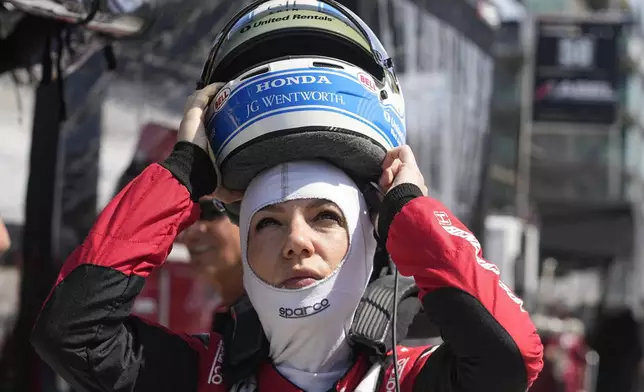 FILE - Katherine Legge, of England, prepares to drive during practice for the Indianapolis 500 auto race at Indianapolis Motor Speedway, Thursday, May 25, 2023, in Indianapolis. (AP Photo/Darron Cummings, File)