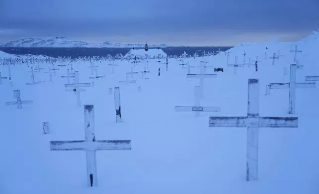 Graves covered by snow are seen at the cemetery of Nuuk, Greenland, March 5, 2025. (AP Photo/Evgeniy Maloletka)