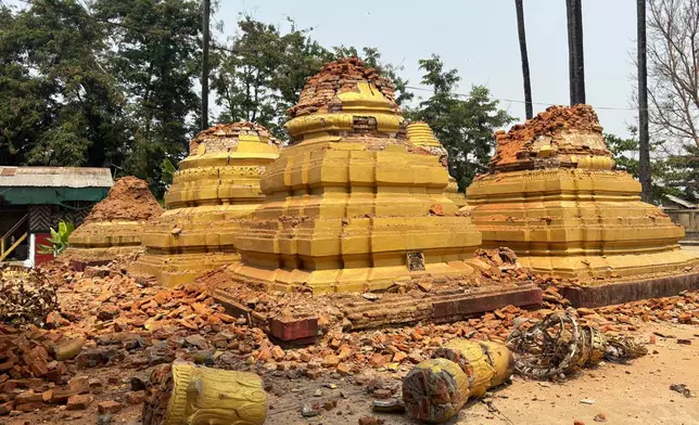 Damaged pagodas are seen after an earthquake, Friday, March 28, 2025 in Naypyitaw, Myanmar. (AP Photo/Aung Shine Oo)