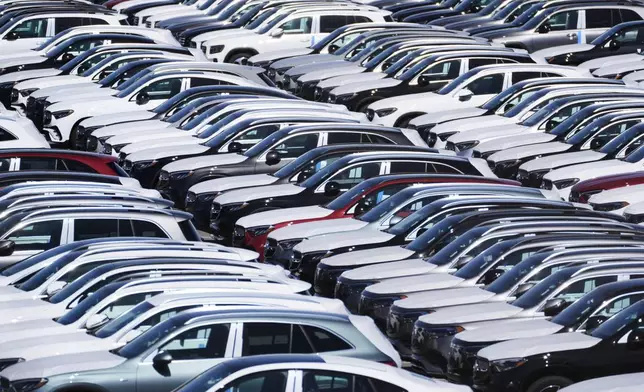 Vehicles are seen at the Mercedes-Benz Vehicle Preparation Center at the Port of Baltimore, where new Mercedes-Benz vehicle imports are processed before distribution to dealerships, Thursday, March 27, 2025, in Baltimore. (AP Photo/Stephanie Scarbrough)