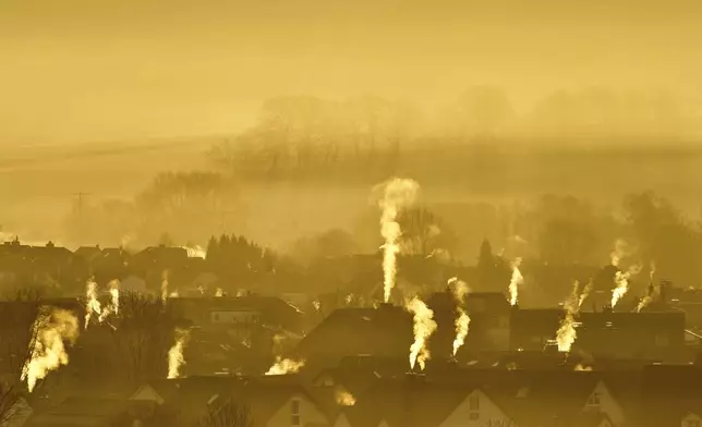 Steam rises from houses of the city of Wehrheim near Frankfurt, Germany, early Friday, March 28, 2025. (AP Photo/Michael Probst)