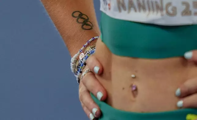 Camryn Newton Smith competes in the Pentathlon women's high jump during the World Athletics Indoor Championships in Nanjing, China, Friday, March 21, 2025. (AP Photo/Dar Yasin)