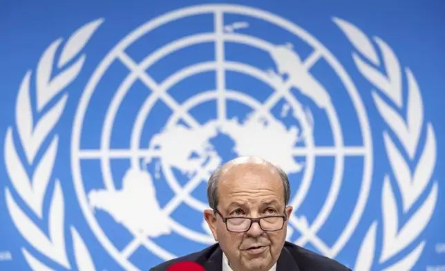 Turkish Cypriot leader Ersin Tatar attends a press conference on the day of a meeting to discuss future of stalled peace talks over the divided island of Cyprus at the United Nations in Geneva, Switzerland, Tuesday, March 18, 2025. (Salvatore Di Nolfi/Keystone via AP)