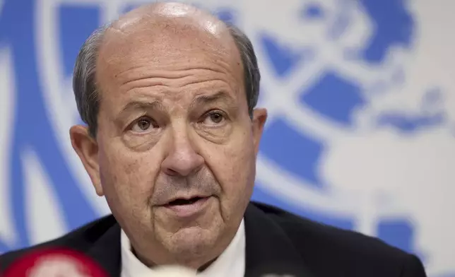 Turkish Cypriot leader Ersin Tatar attends a press conference on the day of a meeting to discuss future of stalled peace talks over the divided island of Cyprus at the United Nations in Geneva, Switzerland, Tuesday, March 18, 2025. (Pierre Albouy/Keystone via AP)
