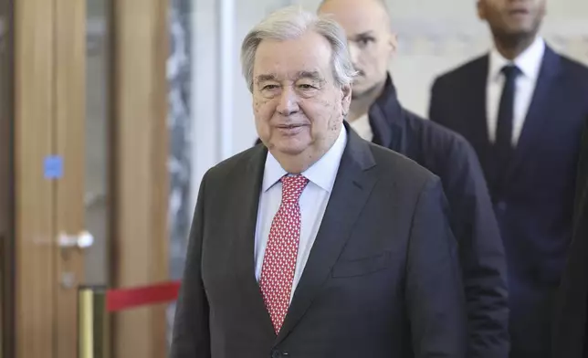 UN Secretary-General Antonio Guterres arrives to attend a meeting to discuss the future of stalled peace talks over the divided island of Cyprus at the United Nations in Geneva, Switzerland, Tuesday, March 18, 2025. (Pierre Albouy/Keystone via AP)