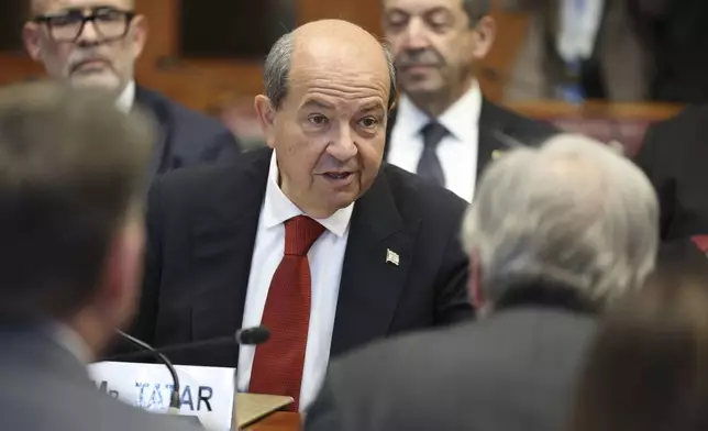 Turkish Cypriot leader Ersin Tatar attends a meeting to discuss the future of stalled peace talks over the divided island of Cyprus at the United Nations in Geneva, Switzerland, Tuesday, March 18, 2025. (Pierre Albouy/Keystone via AP)