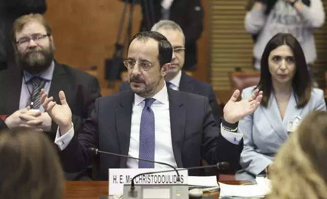 Cyprus President Nikos Christodoulides attends a meeting to discuss the future of stalled peace talks over the divided island of Cyprus at the United Nations in Geneva, Switzerland, Tuesday, March 18, 2025. (Pierre Albouy/Keystone via AP)