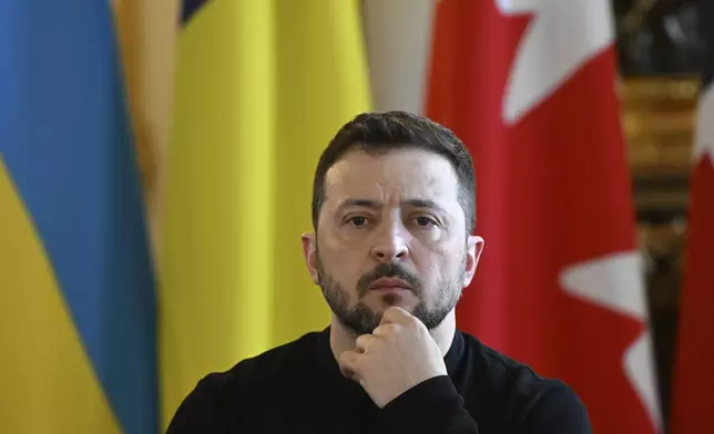 Ukraine's President Volodymyr Zelenskyy at the European leaders' summit to discuss Ukraine, hosted by Britain's Prime Minister Keir Starmer, at Lancaster House, London, Sunday March 2, 2025. (Justin Tallis/Pool via AP)