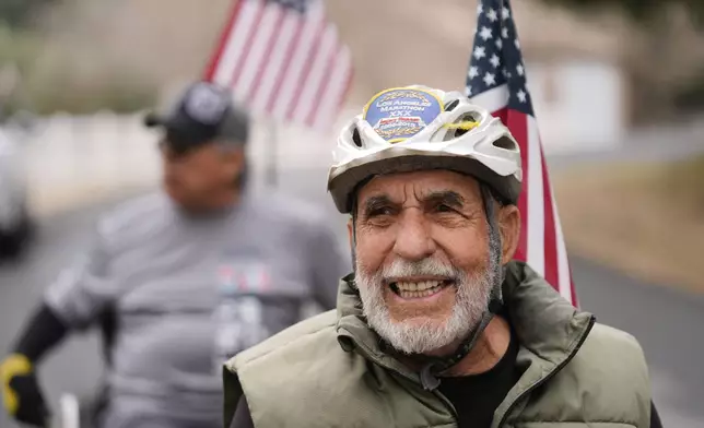 Rick Bingham, 87 trains for the LA Marathon on his ranch in Lake Elsinore, Calif., Tuesday, March 11, 2025. (AP Photo/Damian Dovarganes)