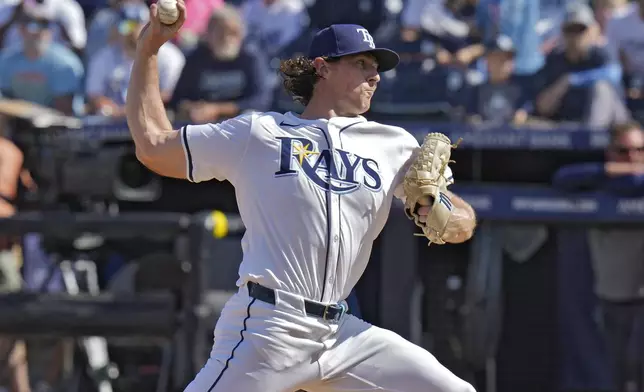 Tampa Bay Rays pitcher Ryan Pepiot delivers to the Colorado Rockies during the first inning of a baseball game Friday, March 28, 2025, in Tampa, Fla. (AP Photo/Chris O'Meara)