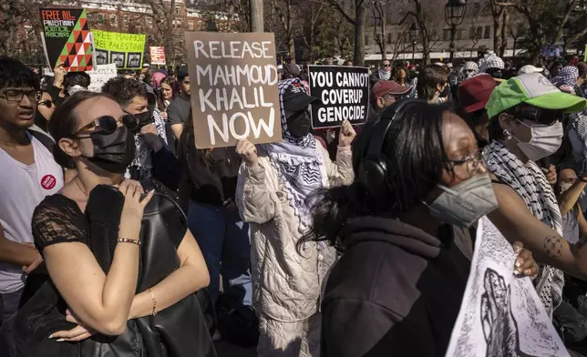 Protesters demonstrate in support of Palestinian activist Mahmoud Khalil at Washington Square Park, Tuesday, March 11, 2025, in New York. (AP Photo/Yuki Iwamura)